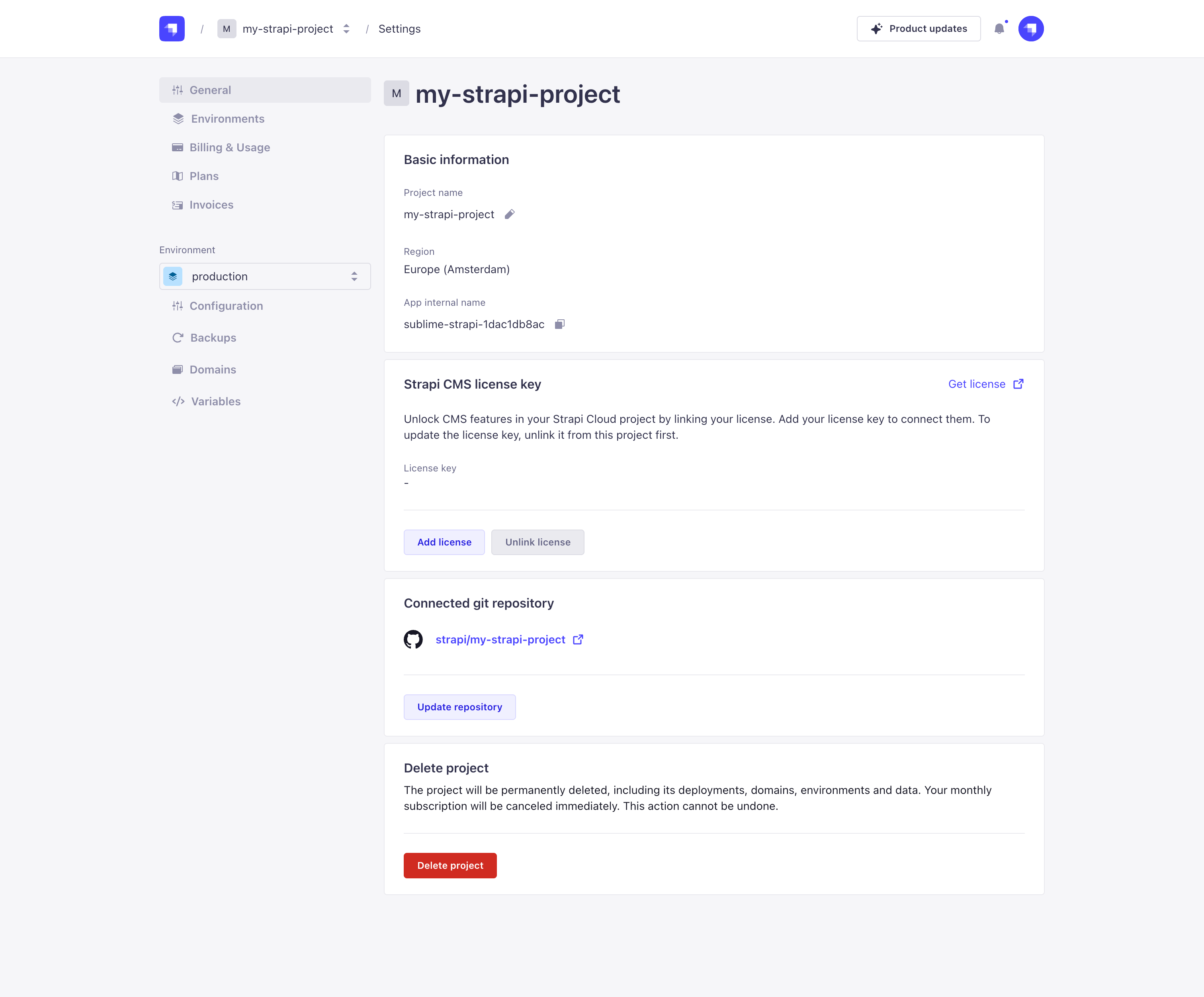Project settings page